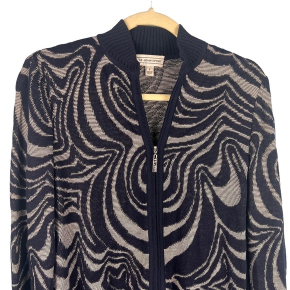 St John Sport Navy Blue Swirl Printed Wool Zip Up Jacket Size Small Casual - Picture 2 of 8